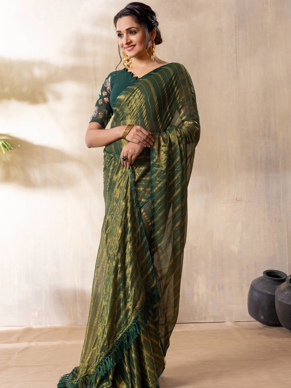 Stylish Silk Blend Green Saree For Women