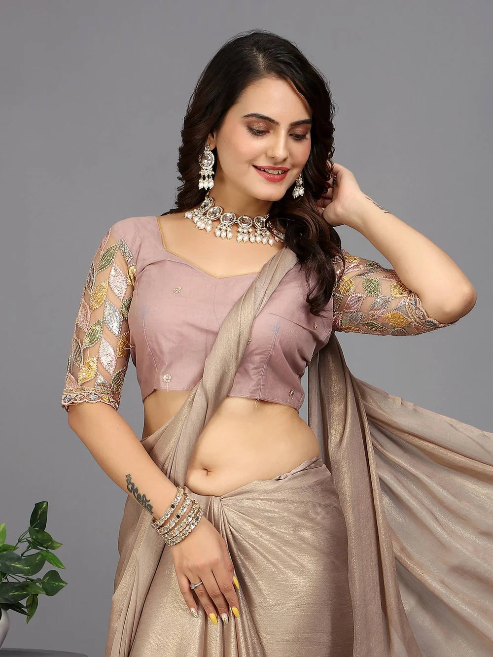 Beige Bollywood Style Plain Silk Blend Saree