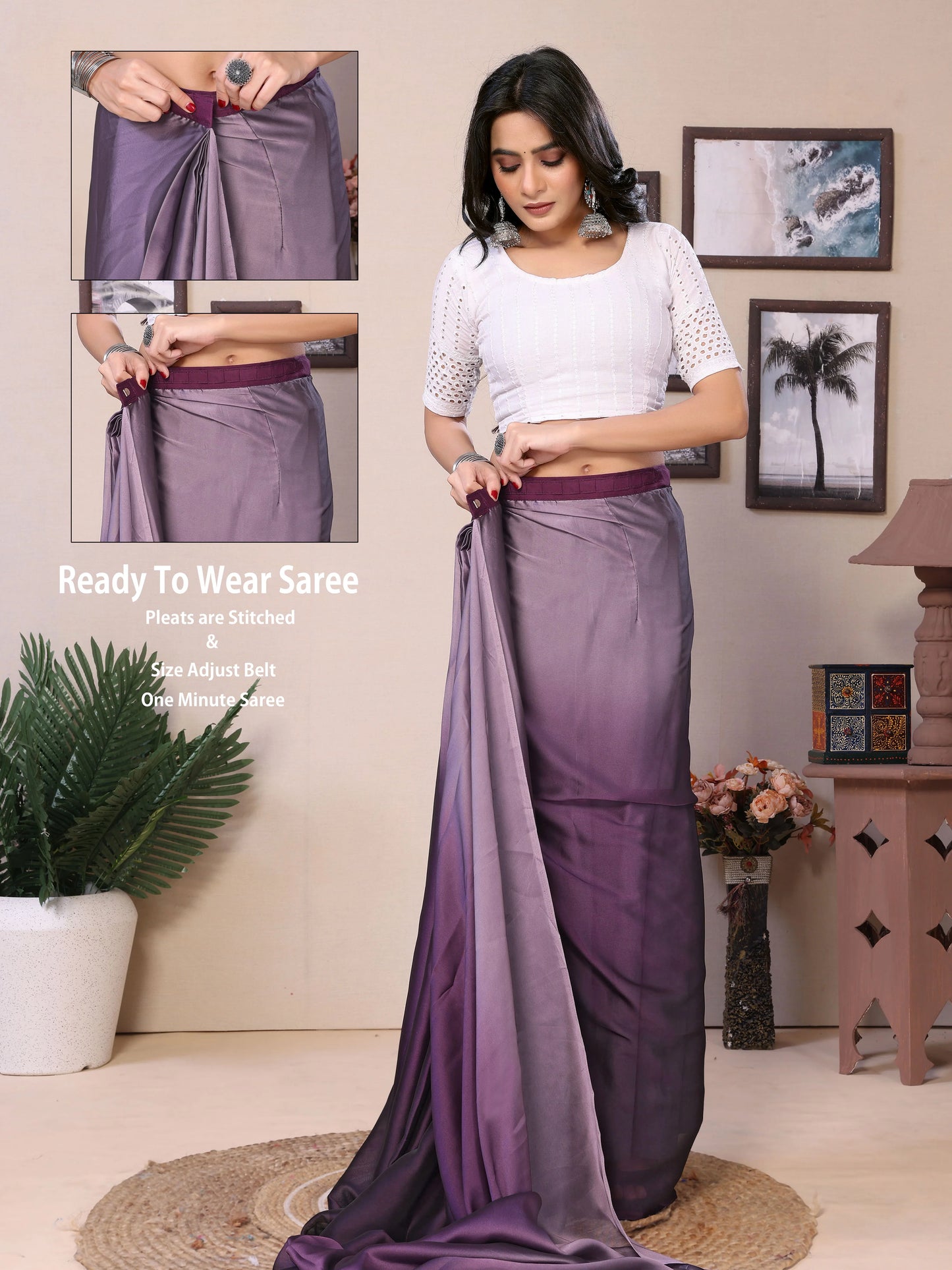 Elegant Partywear Draped Purple Satin Saree - Rheycart