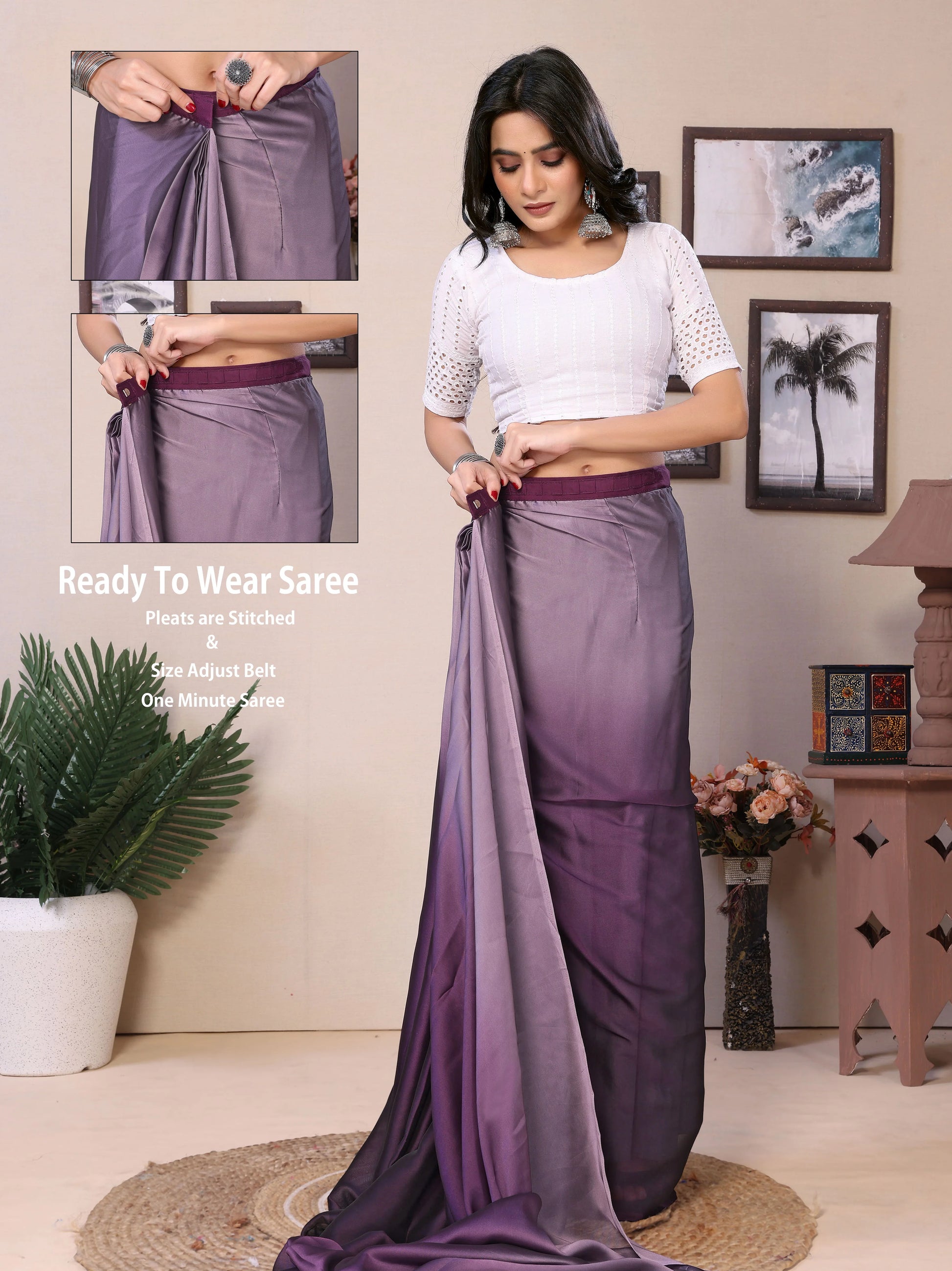 Elegant Partywear Draped Purple Satin Saree - Rheycart