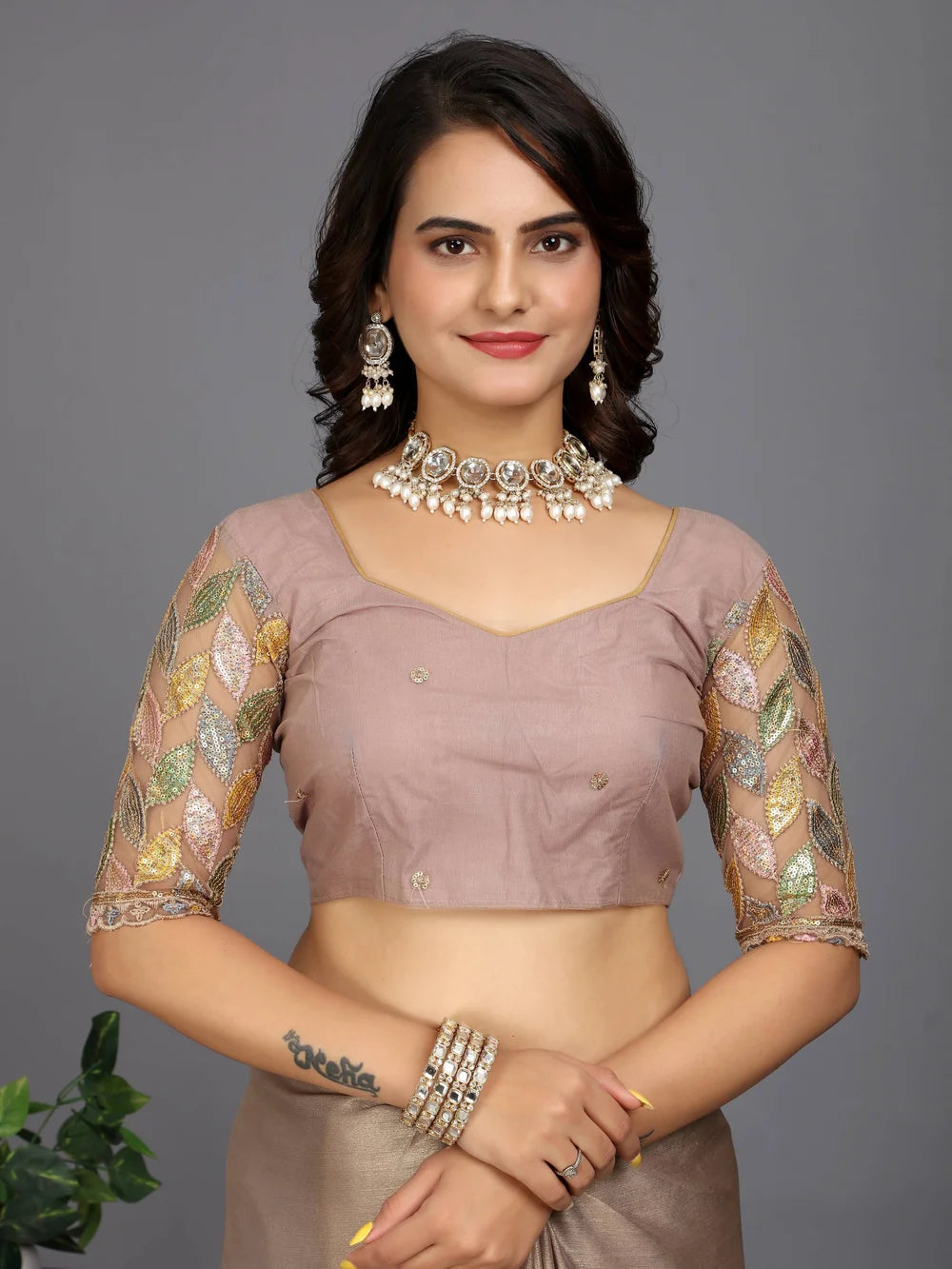 Beige Bollywood Style Plain Silk Blend Saree
