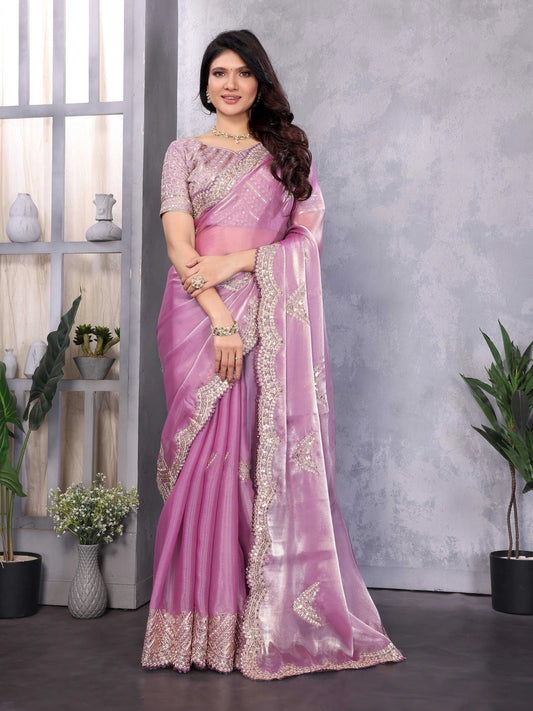 Pinkish Lavender Jimmy Choo Embroidery Chiffon Saree - Rheycart