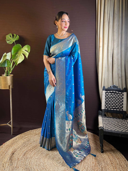 Turquoise Blue Paithani Silk Saree Woven Design - Rheycart