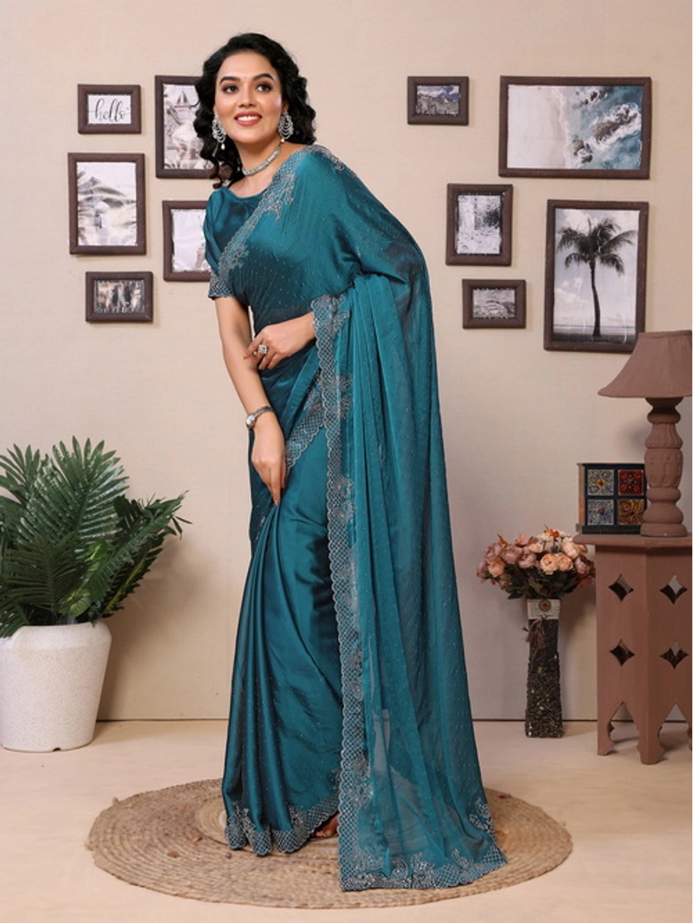 Teal Rangoli Silk Embellished Saree For Women