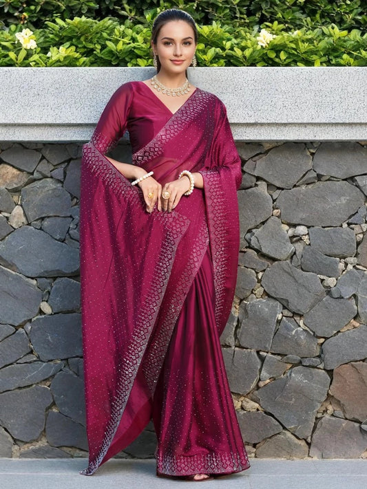 Swarovski Work Maroon Georgette Saree - Rheycart