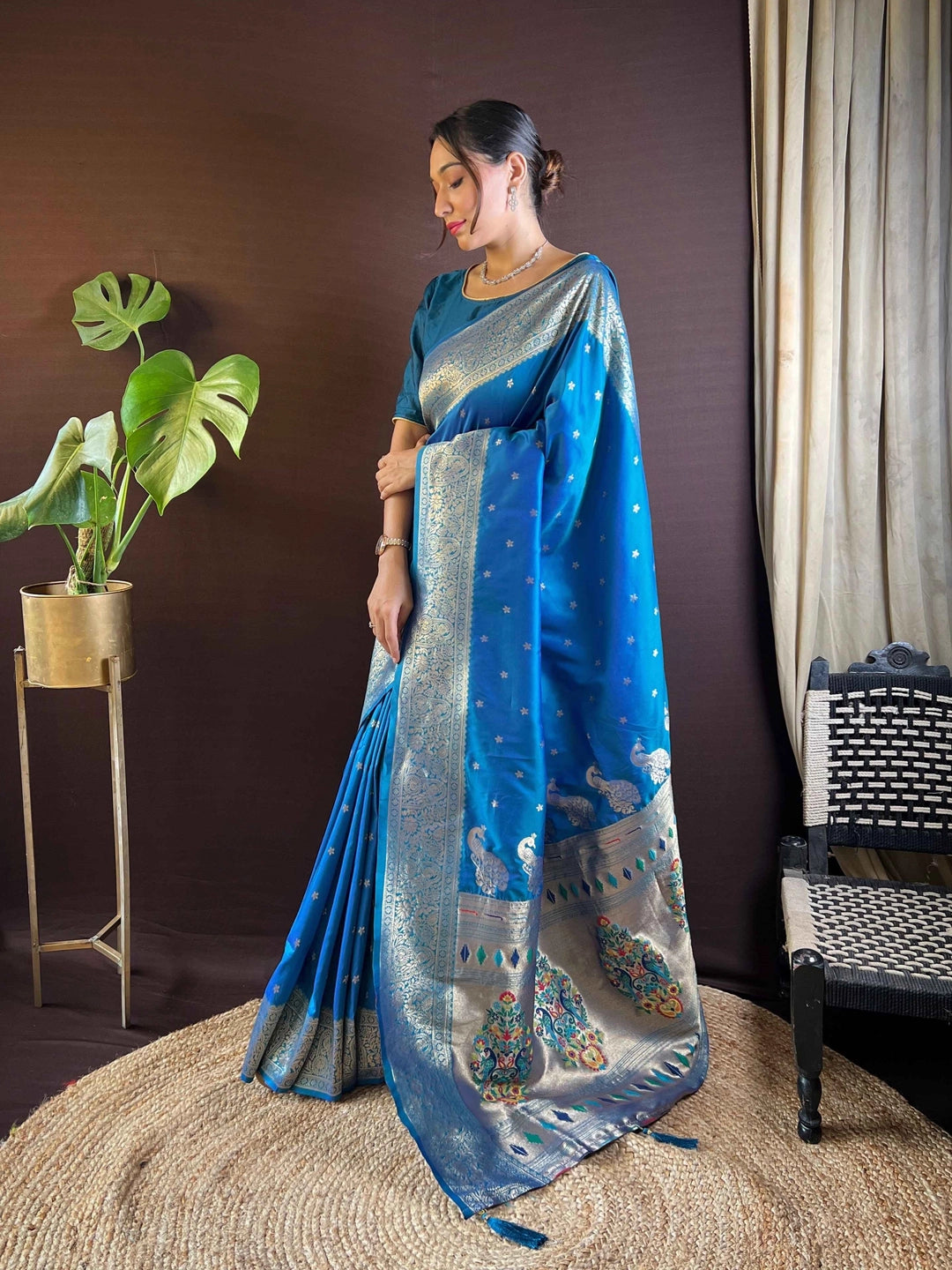 Turquoise Blue Paithani Silk Saree Woven Design - Rheycart