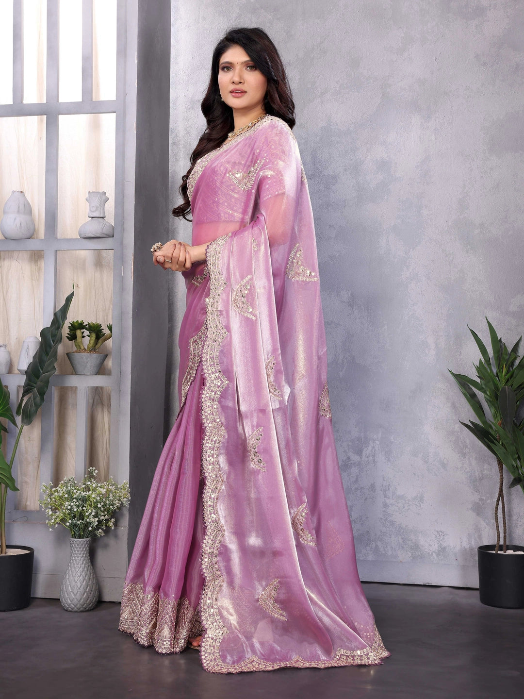 Pinkish Lavender Jimmy Choo Embroidery Chiffon Saree - Rheycart