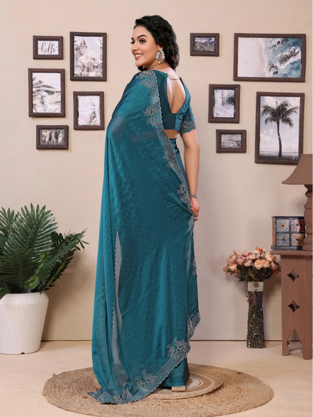 Teal Rangoli Silk Embellished Saree For Women