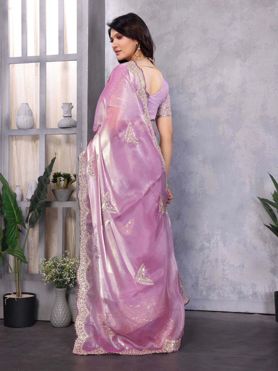 Pinkish Lavender Jimmy Choo Embroidery Chiffon Saree - Rheycart