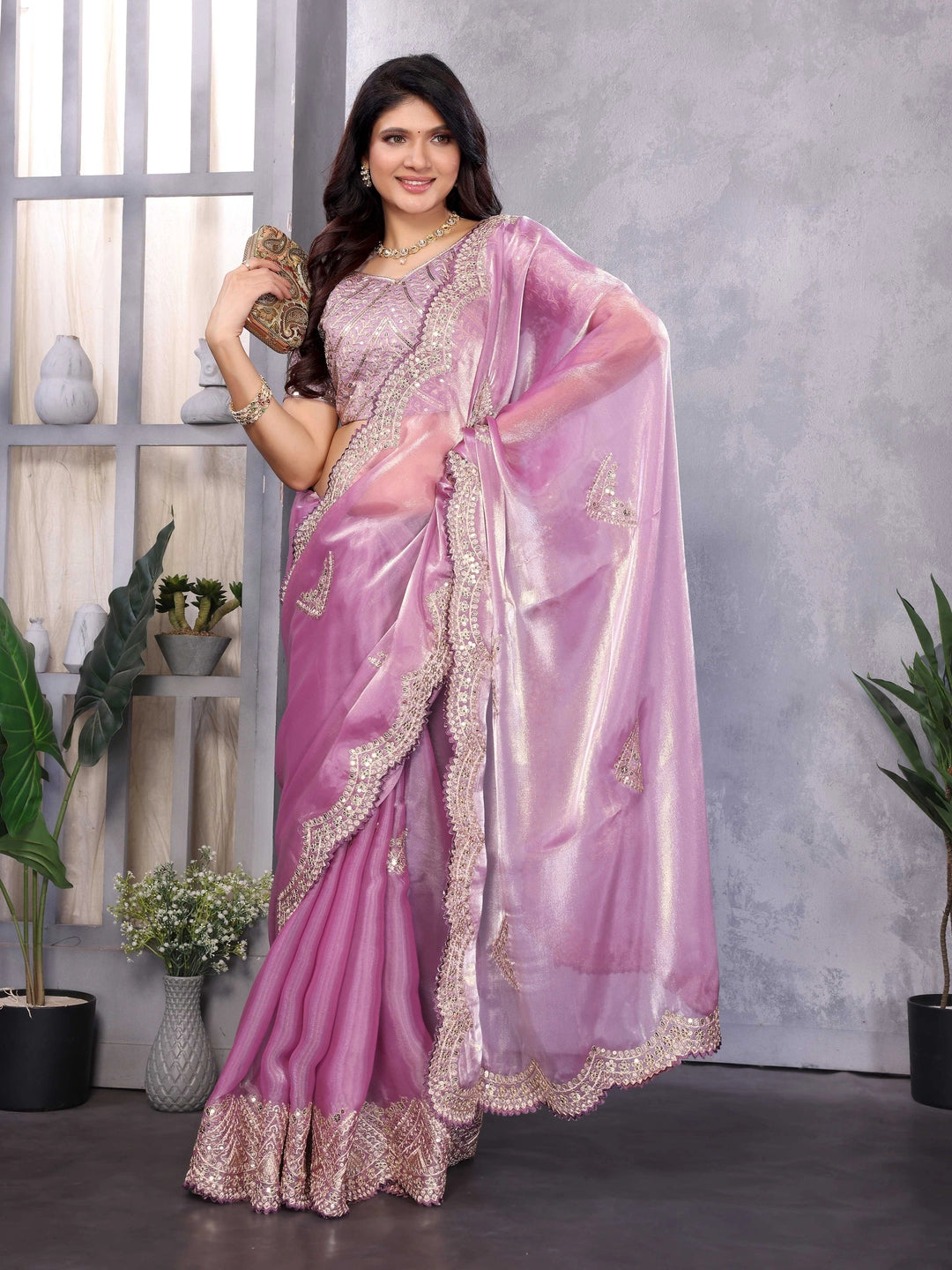 Pinkish Lavender Jimmy Choo Embroidery Chiffon Saree - Rheycart