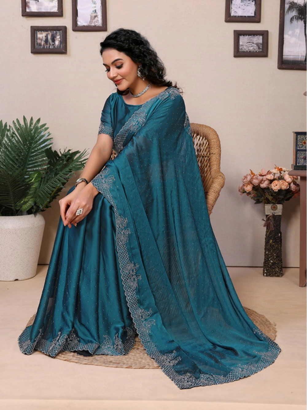 Teal Rangoli Silk Embellished Saree For Women