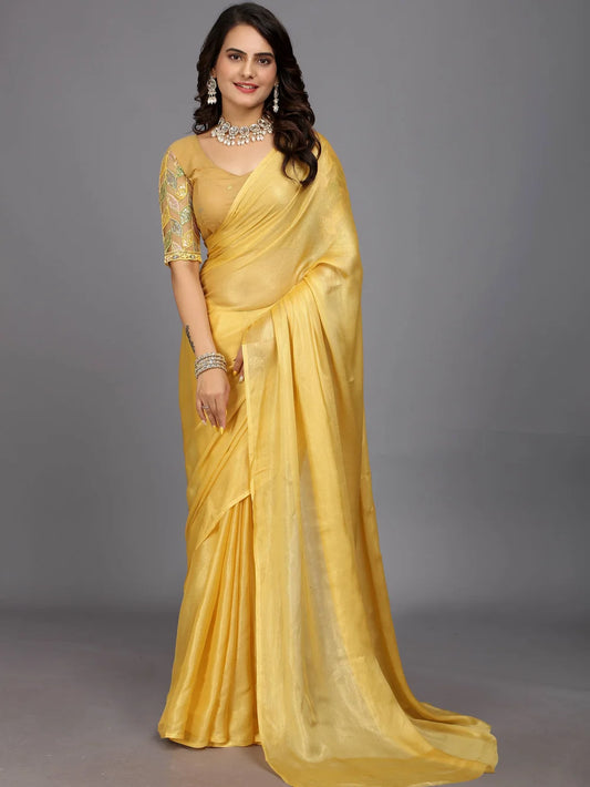 Yellow Silk Blend Bollywood Style Plain Saree
