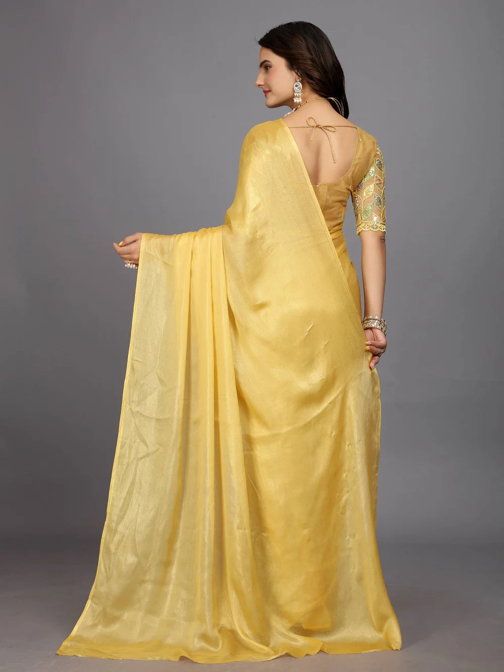 Yellow Silk Blend Bollywood Style Plain Saree
