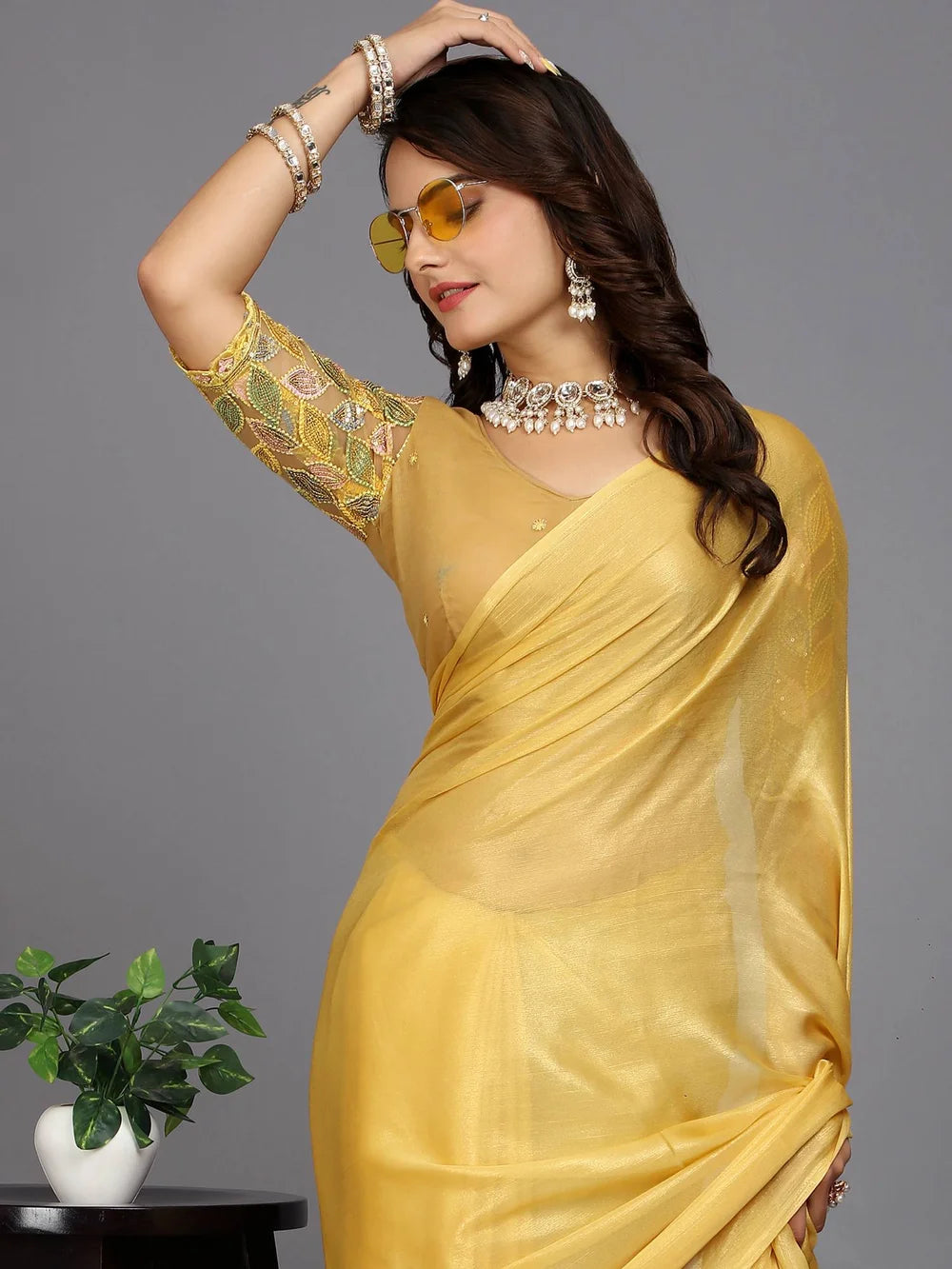 Yellow Silk Blend Bollywood Style Plain Saree