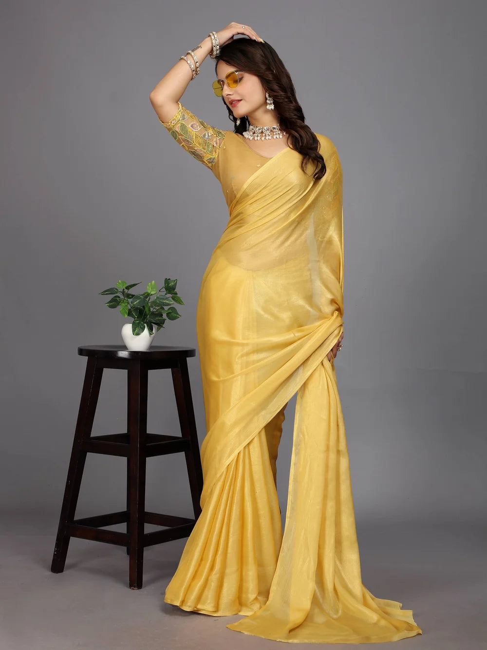 Yellow Silk Blend Bollywood Style Plain Saree