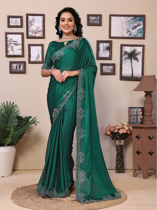 Rangoli Silk Green Saree With Diamond Work