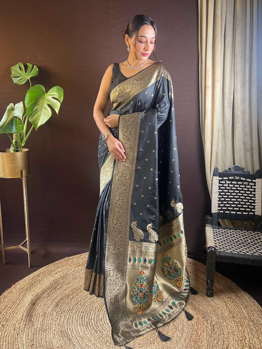 Black Woven Silk Paithani Saree With Unstiched Blouse - Rheycart