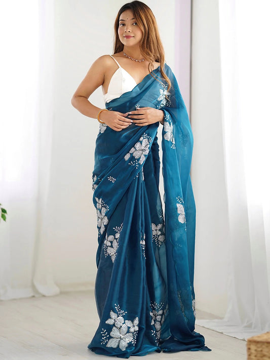 Teal Blue Jimmy Choo Embroidered Chiffon Saree - Rheycart