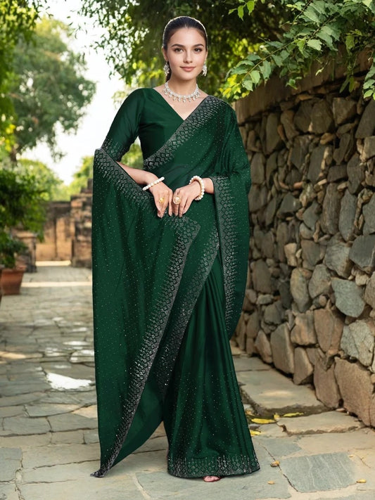 Green Georgette With Swarovski Work Saree - Rheycart