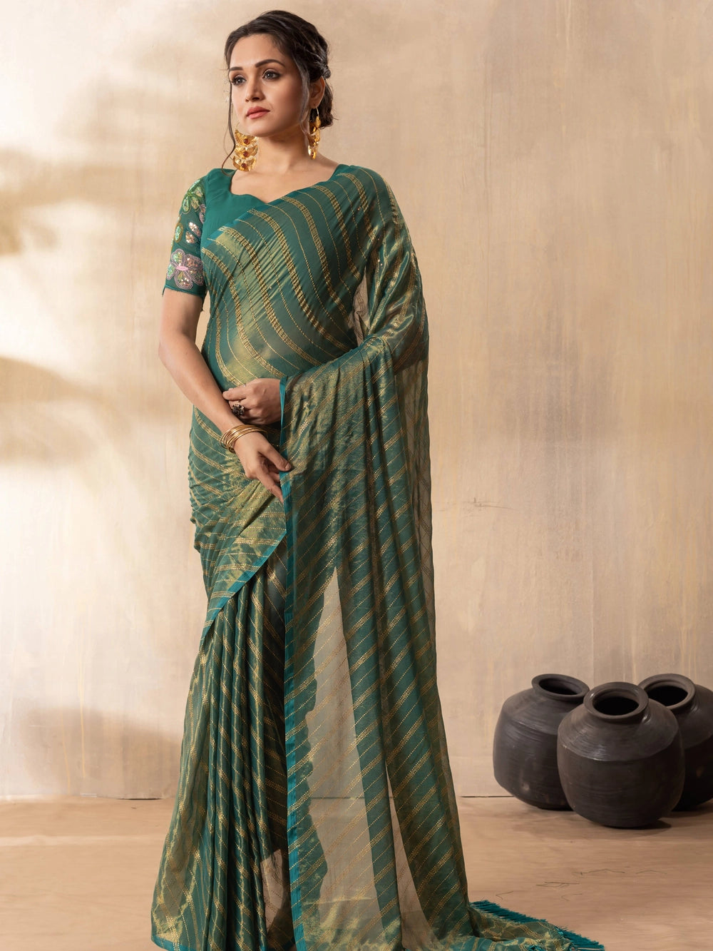 Stylish Silk Blend Teal Green Saree For Women