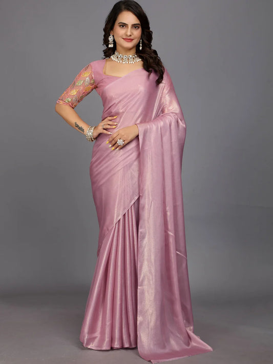 Pink Bollywood Style Plain Silk Blend Saree