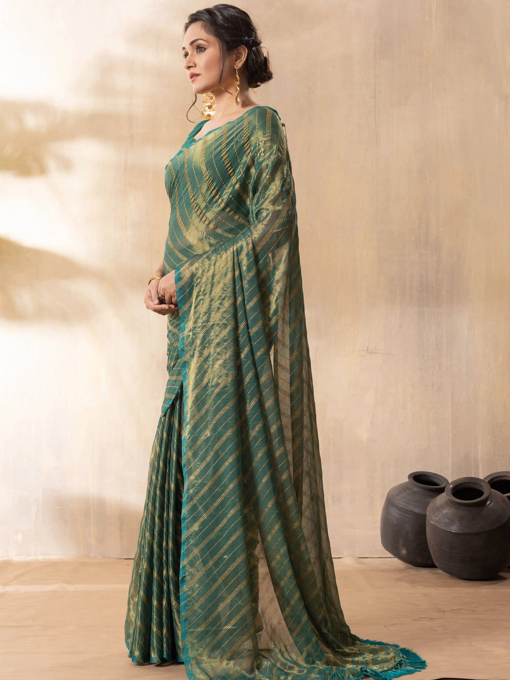 Stylish Silk Blend Teal Green Saree For Women