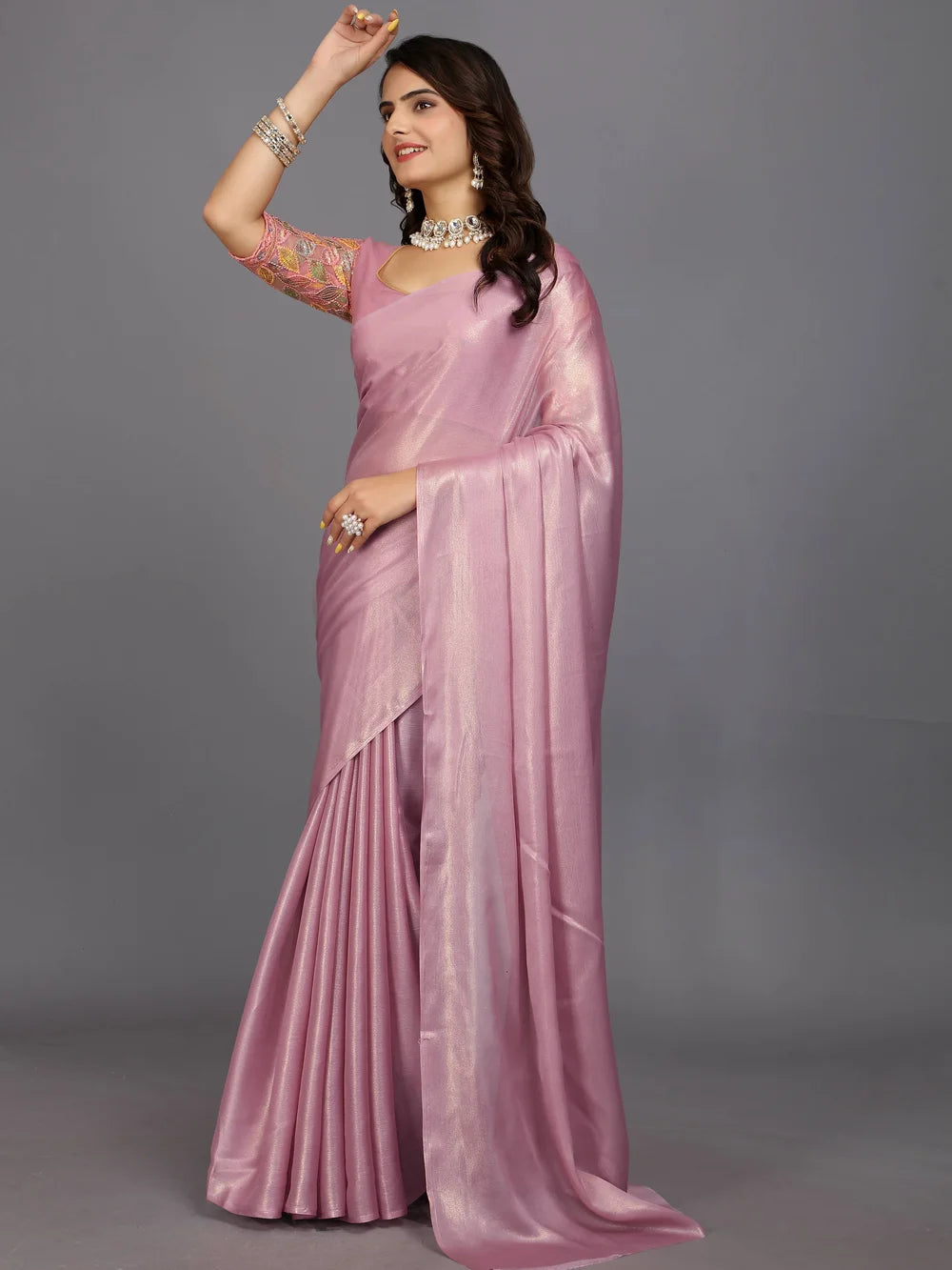 Pink Bollywood Style Plain Silk Blend Saree