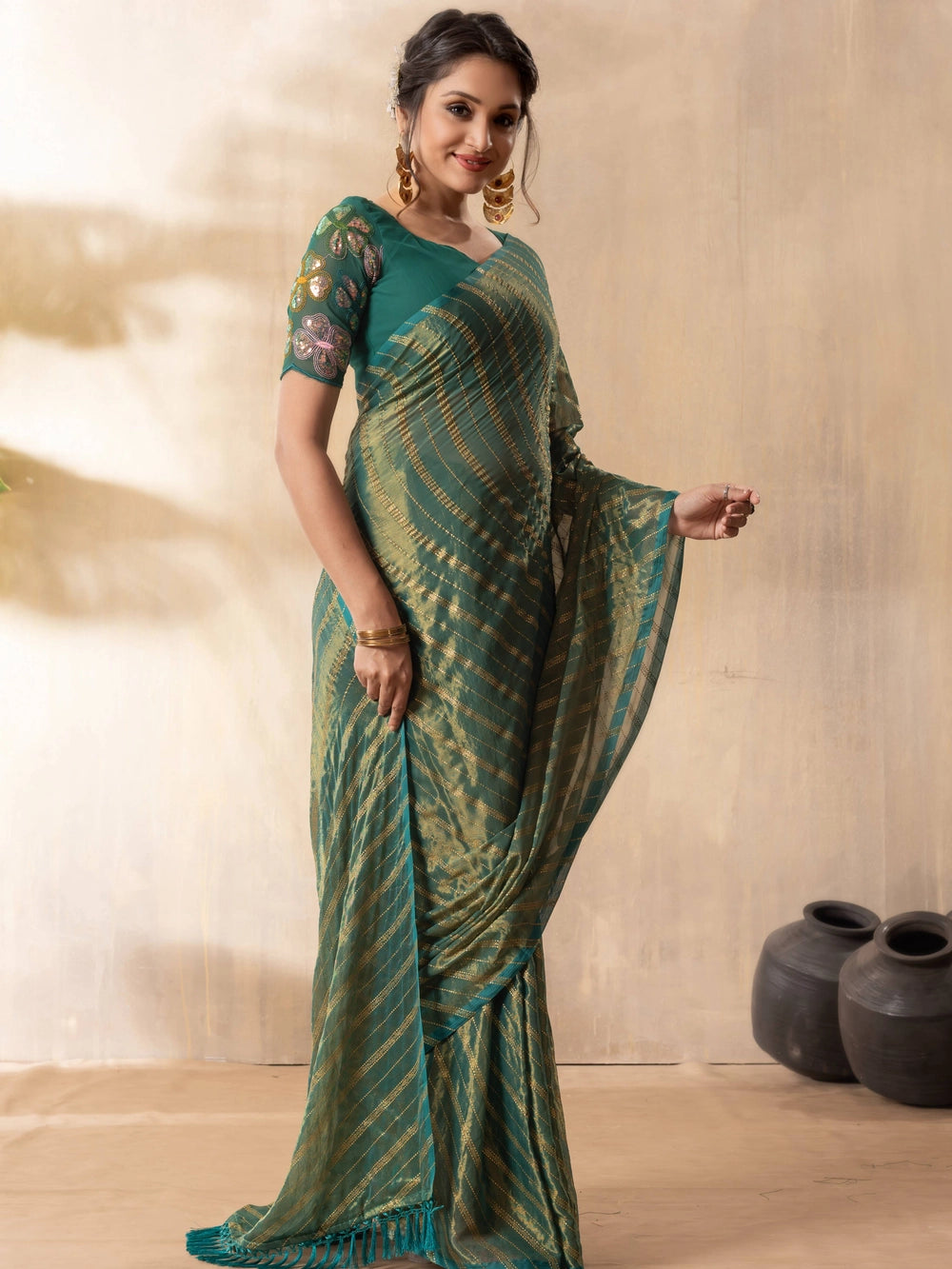 Stylish Silk Blend Teal Green Saree For Women