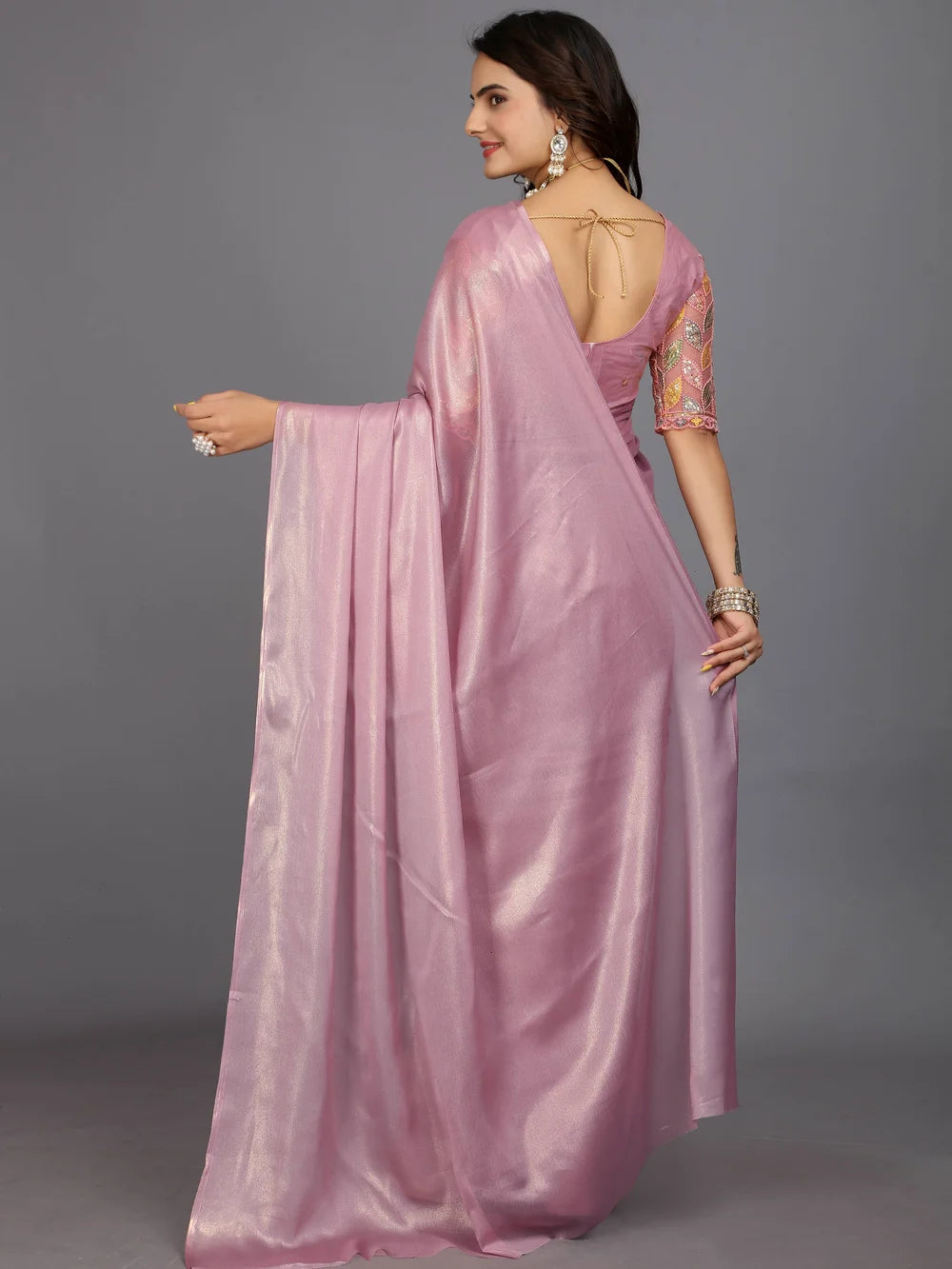 Pink Bollywood Style Plain Silk Blend Saree