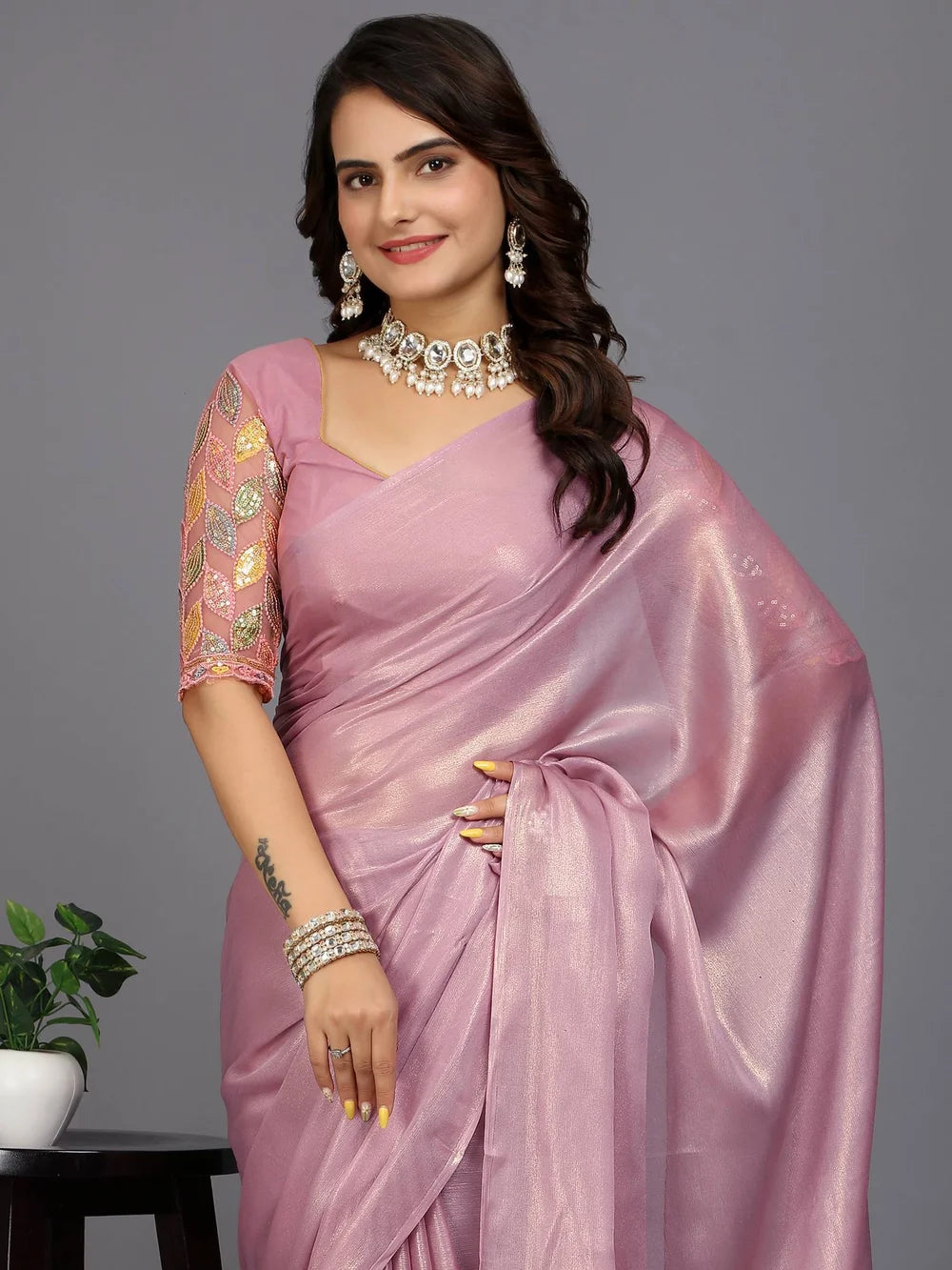 Pink Bollywood Style Plain Silk Blend Saree