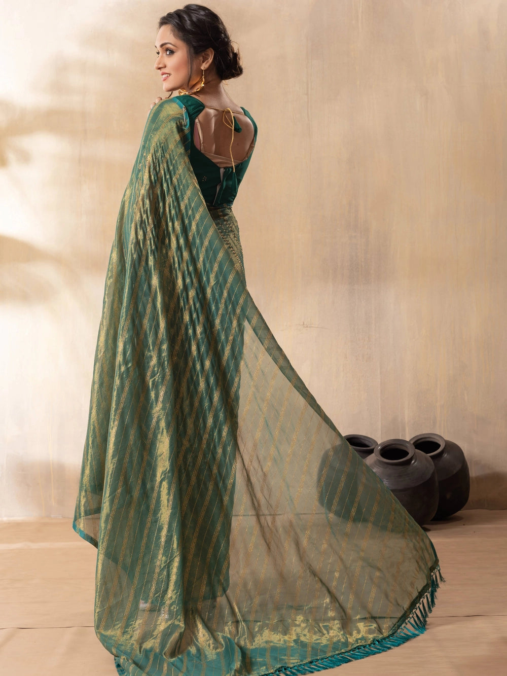 Stylish Silk Blend Teal Green Saree For Women