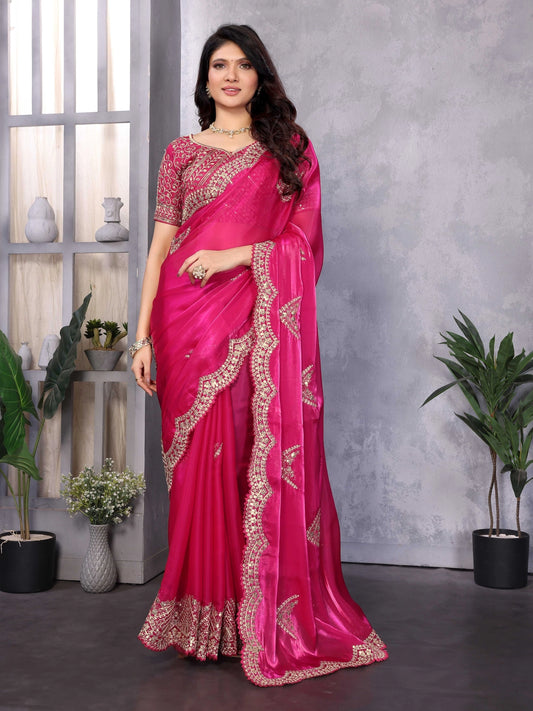 Rani Chiffon Wedding Wear Embroidery Work Saree - Rheycart