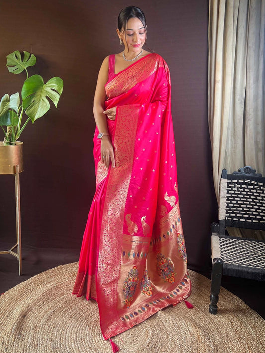 Elegant Woven Silk Rani Saree For Festive Wear - Rheycart