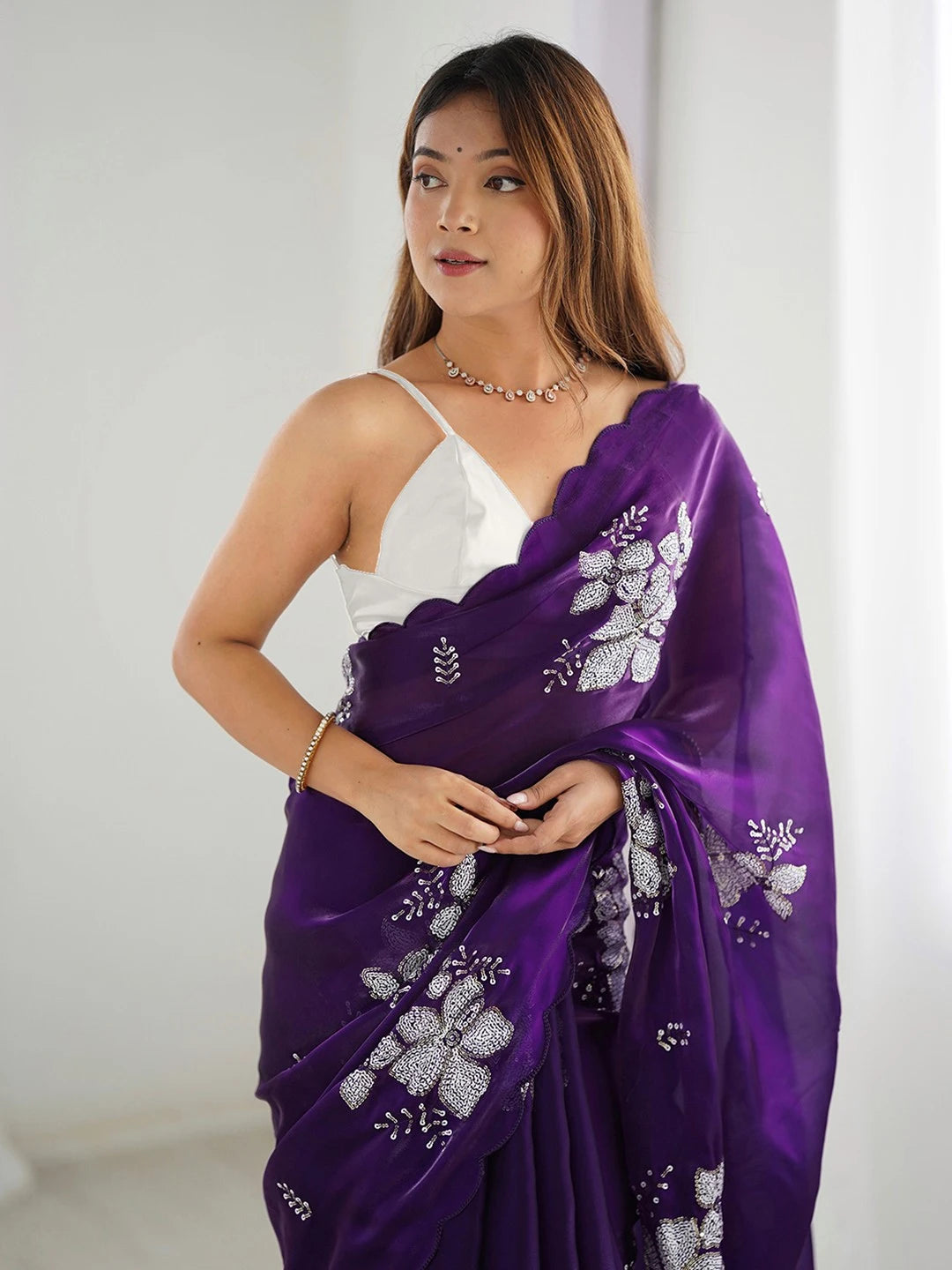 Purple Jimmy Choo Floral Embroidery Chiffon Saree - Rheycart