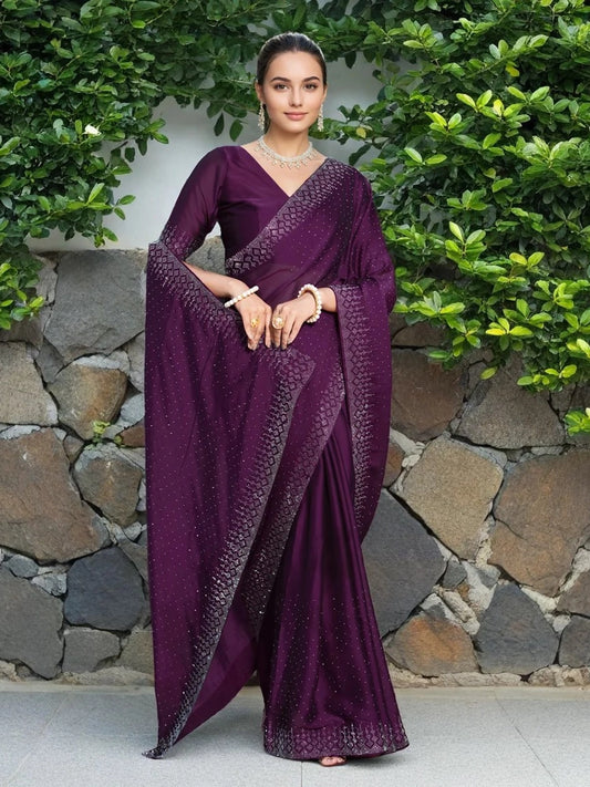 Wine Georgette Saree With Crystal Embellishments - Rheycart