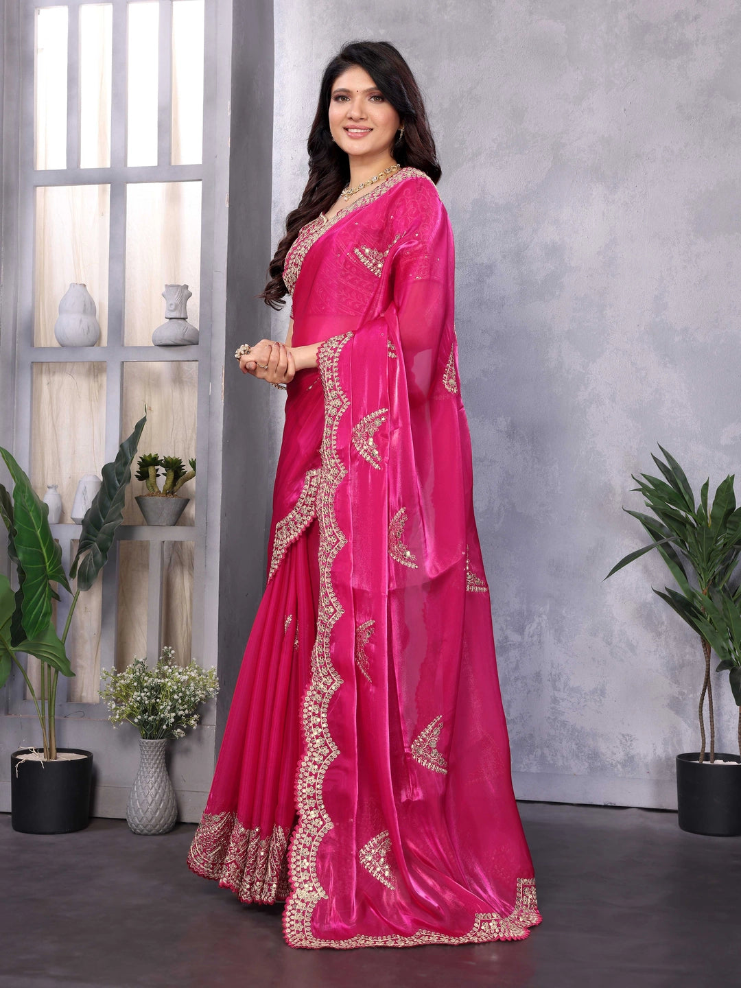 Rani Chiffon Wedding Wear Embroidery Work Saree - Rheycart