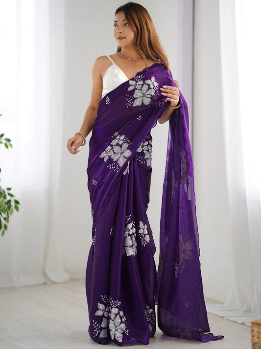 Purple Jimmy Choo Floral Embroidery Chiffon Saree - Rheycart