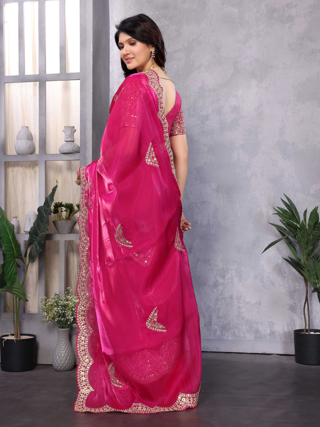 Rani Chiffon Wedding Wear Embroidery Work Saree - Rheycart