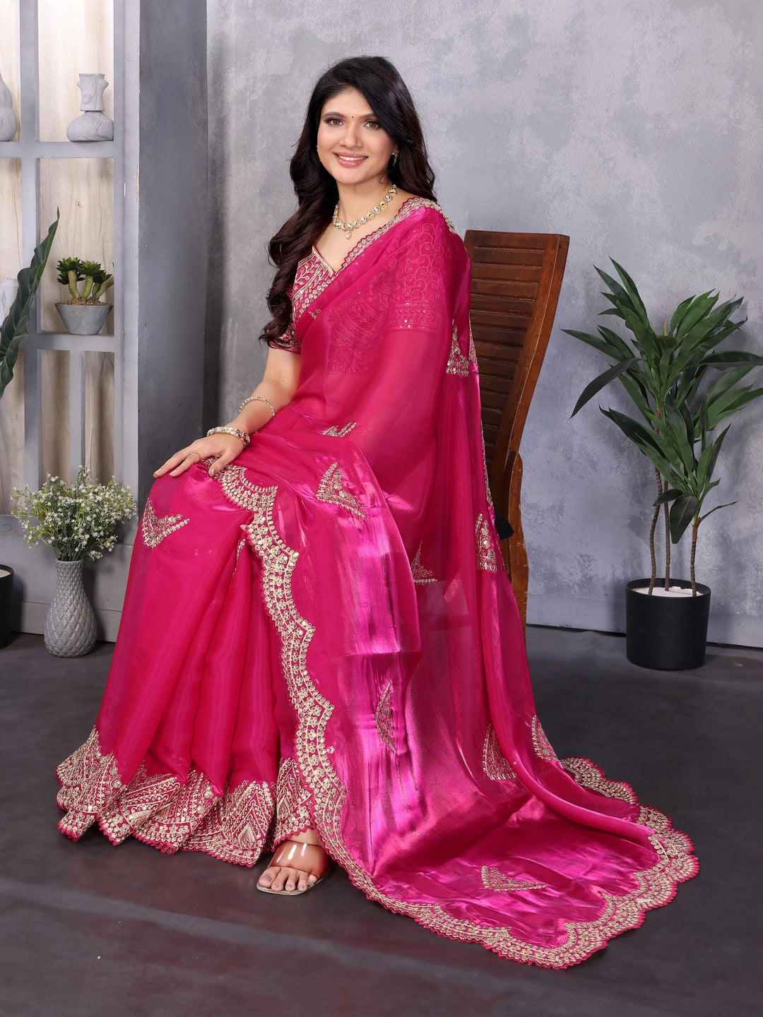 Rani Chiffon Wedding Wear Embroidery Work Saree - Rheycart