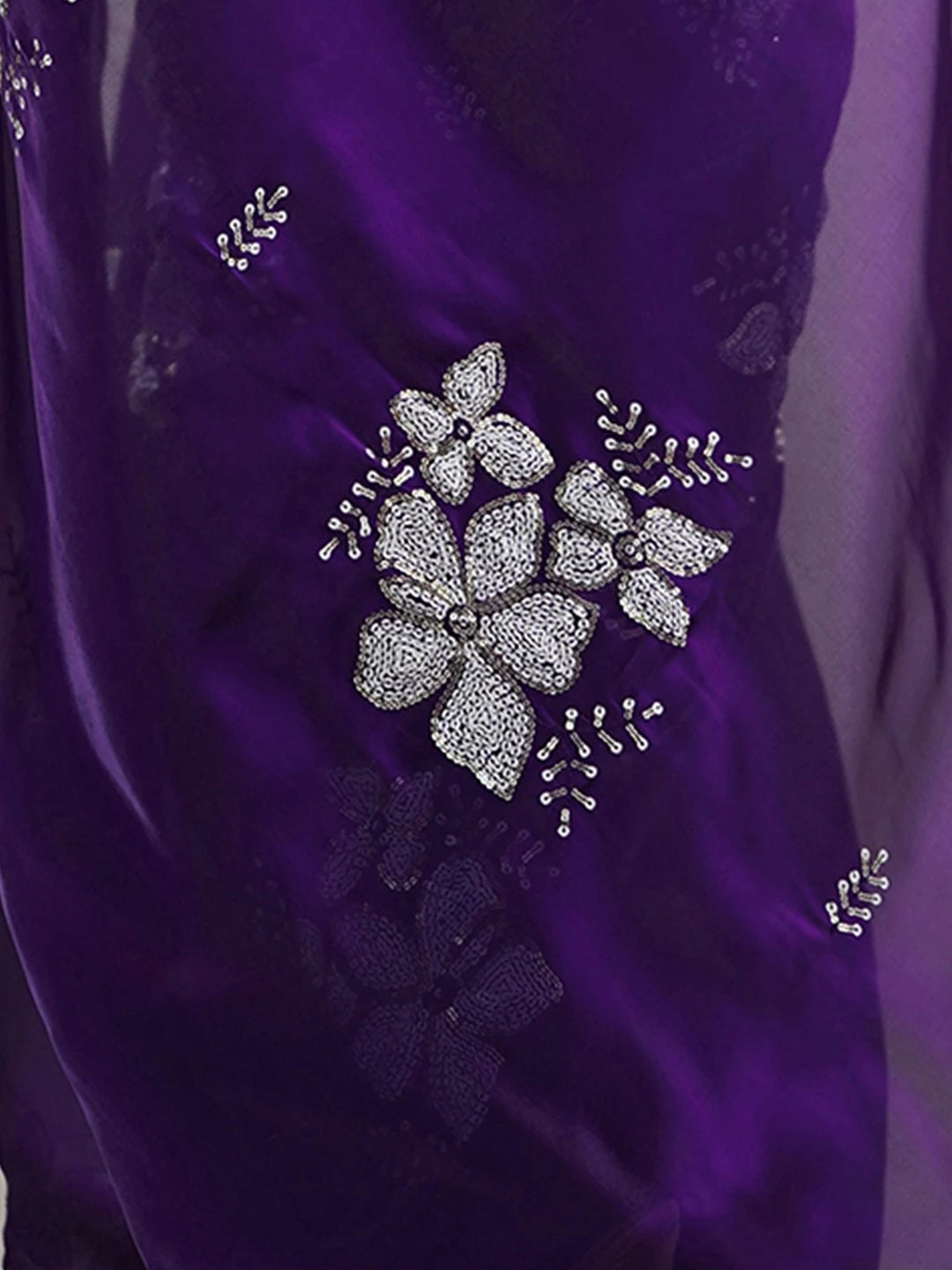 Purple Jimmy Choo Floral Embroidery Chiffon Saree - Rheycart