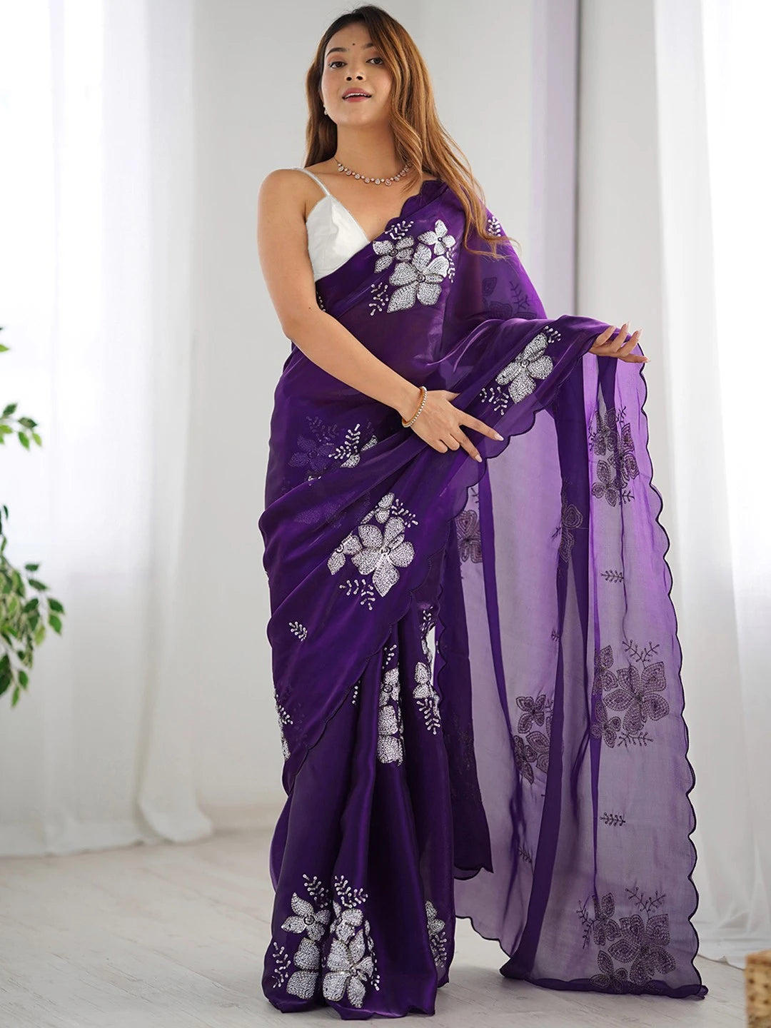 Purple Jimmy Choo Floral Embroidery Chiffon Saree - Rheycart