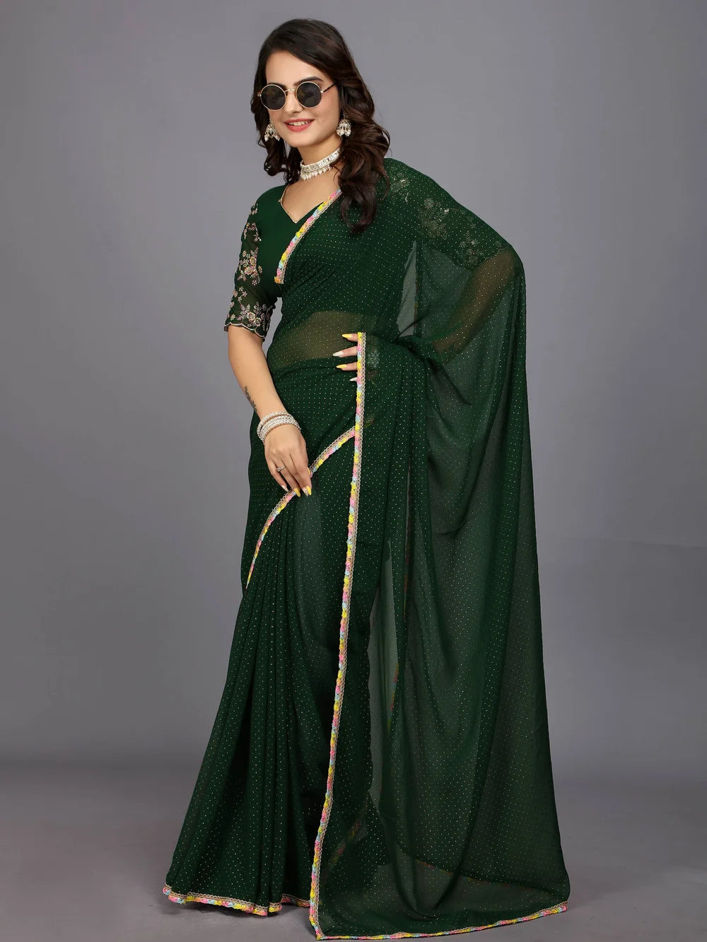 Green Plain Georgette Bollywood Saree