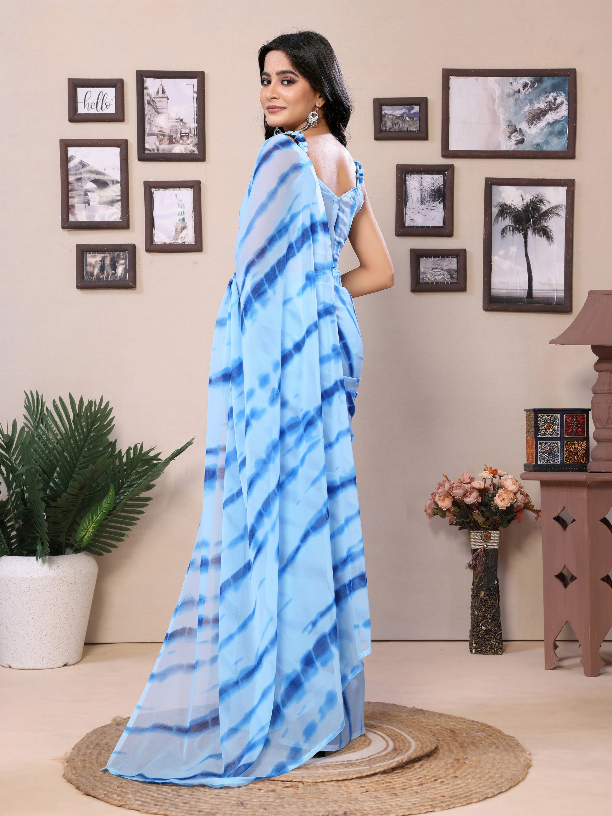 Pre Draped Sky Blue Georgette Saree With Unstiched Blouse - Rheycart