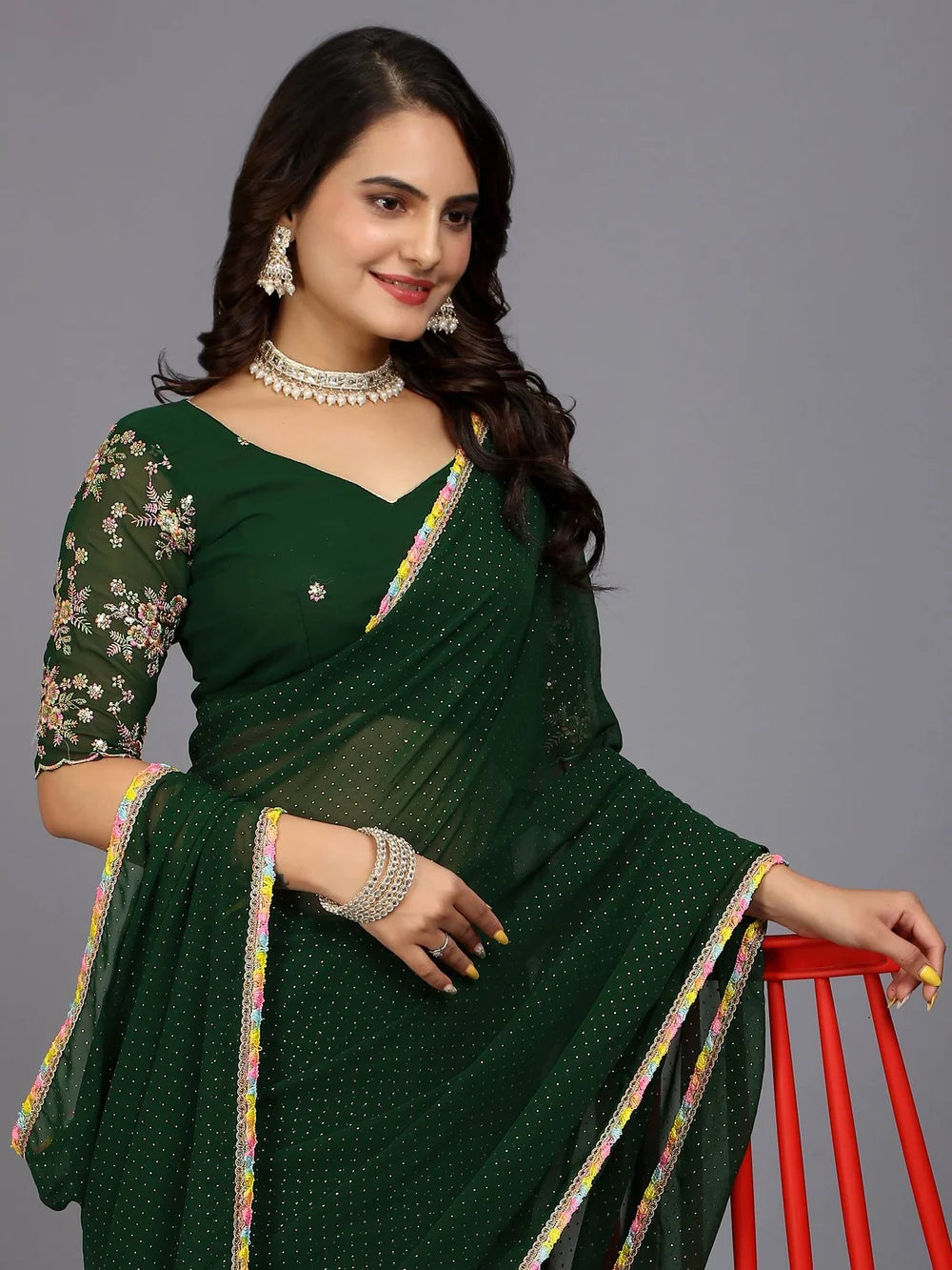 Green Plain Georgette Bollywood Saree