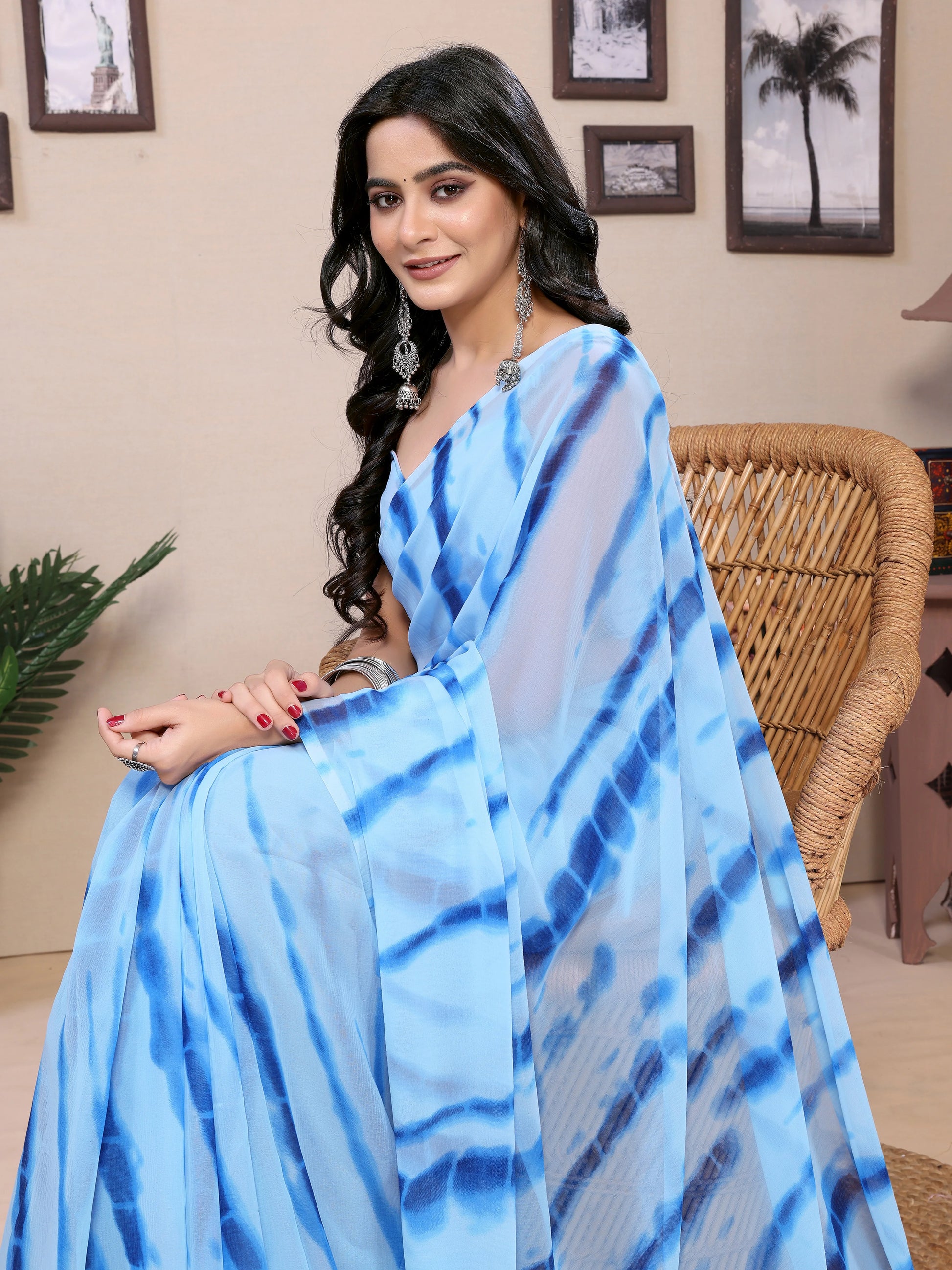 Pre Draped Sky Blue Georgette Saree With Unstiched Blouse - Rheycart