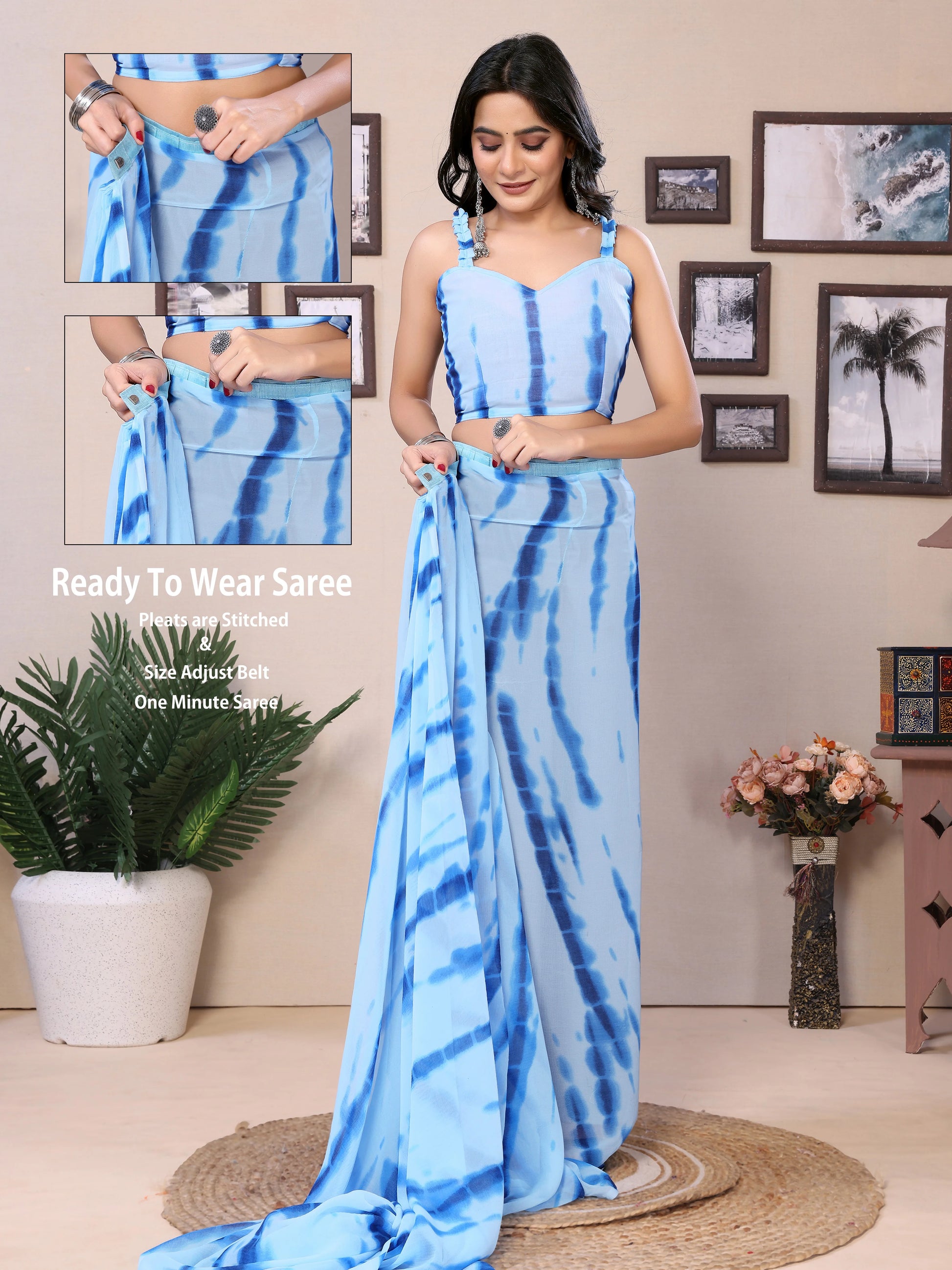 Pre Draped Sky Blue Georgette Saree With Unstiched Blouse - Rheycart