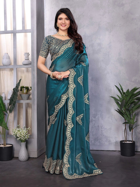 Shimmer Chiffon Teal Blue Embroidery Work Saree - Rheycart