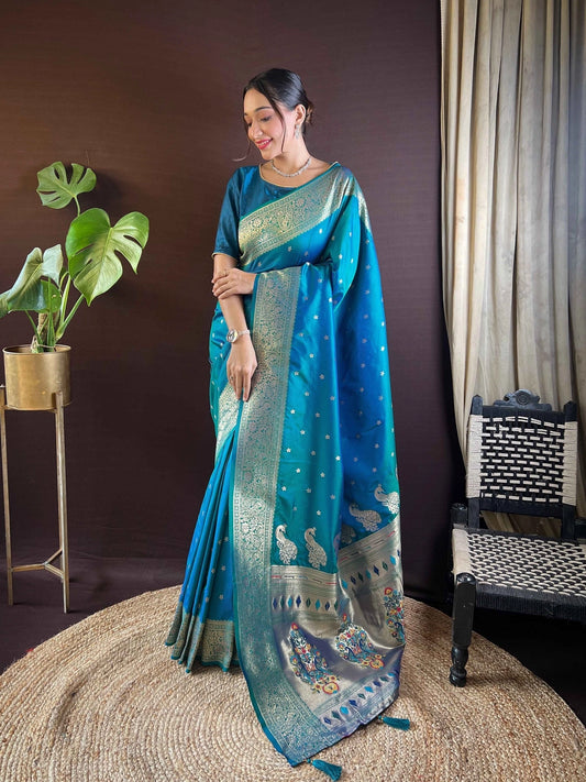 Paithani Silk Teal Blue Woven Saree - Rheycart