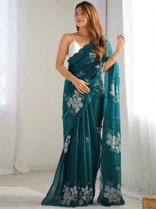 Dark Green Jimmy Choo Bollywood Style Chiffon Saree - Rheycart
