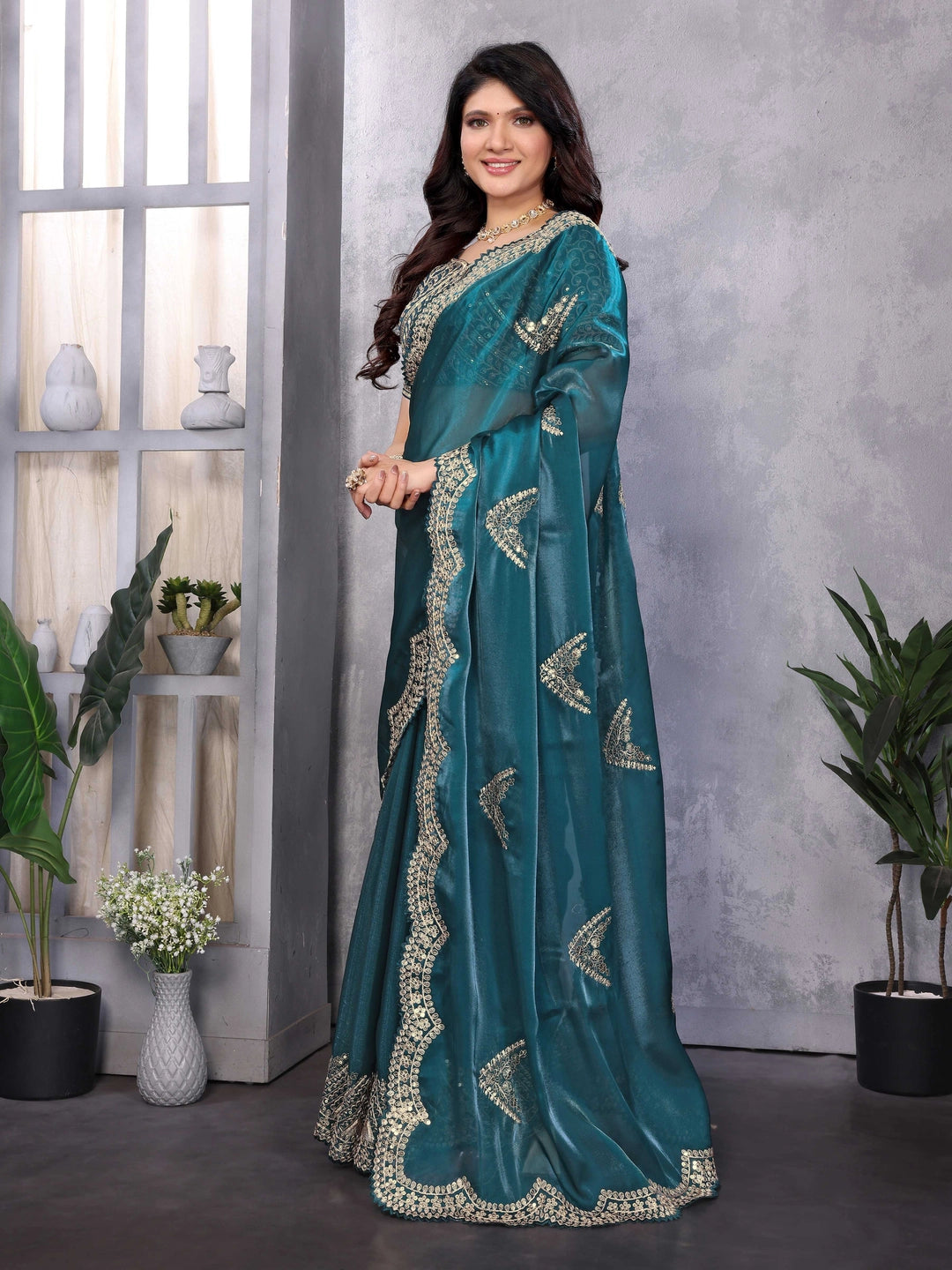 Shimmer Chiffon Teal Blue Embroidery Work Saree - Rheycart